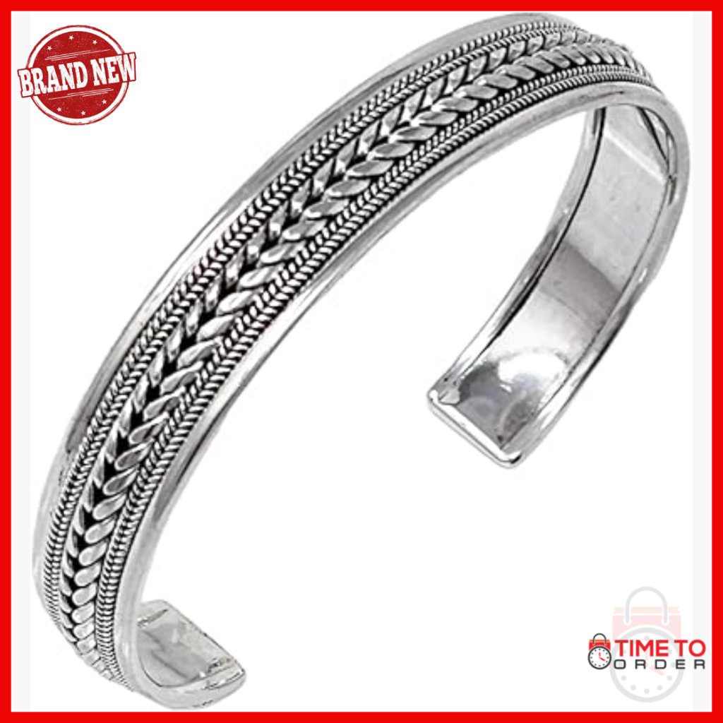 Men's Sterling Silver Bangle Bracelet Open Cuff Braided Details